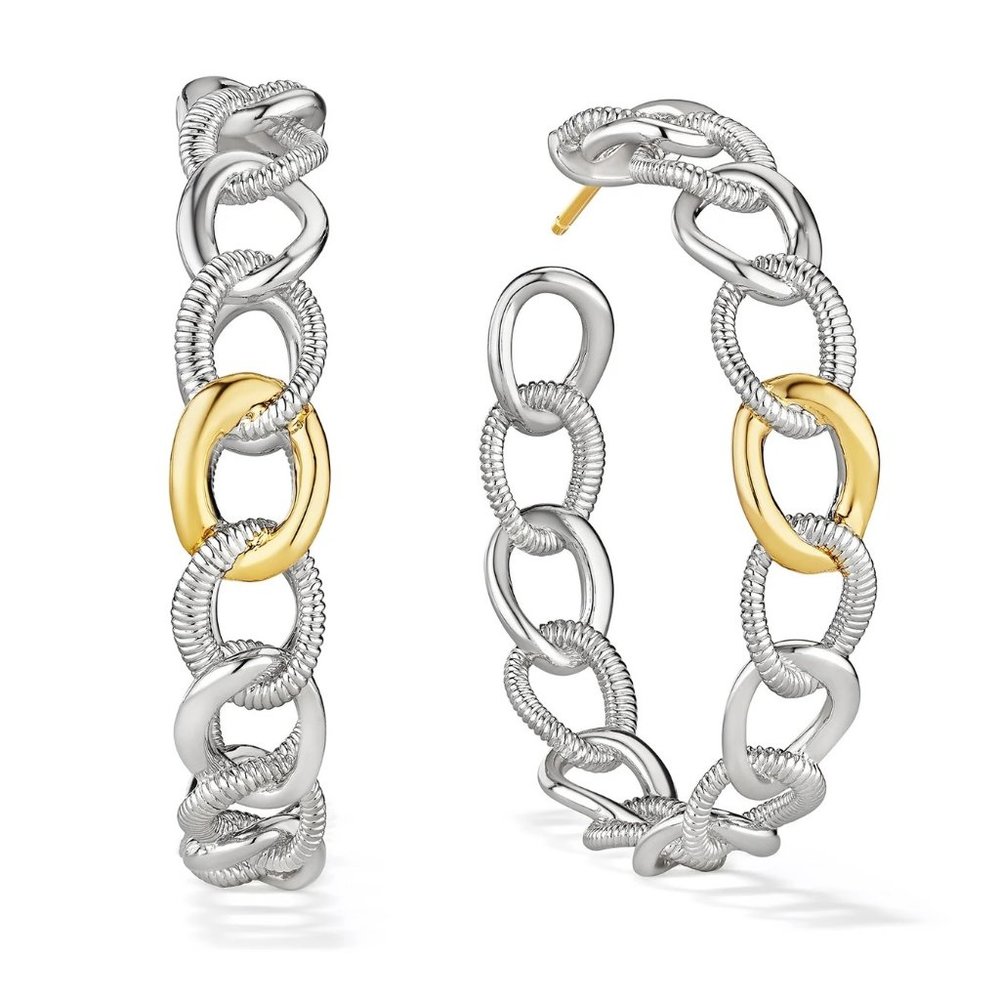 New / Judith Ripka / Eternity Interlocking Multilink Hoop Earrings /18K Gold-SS